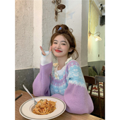 费尔岛撞色提花圆领毛衣女冬甜美慵懒风针织衫 范雯雯 芋泥翻糖