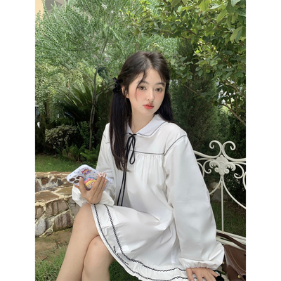 茉莉风铃撞色娃娃领连衣裙女春