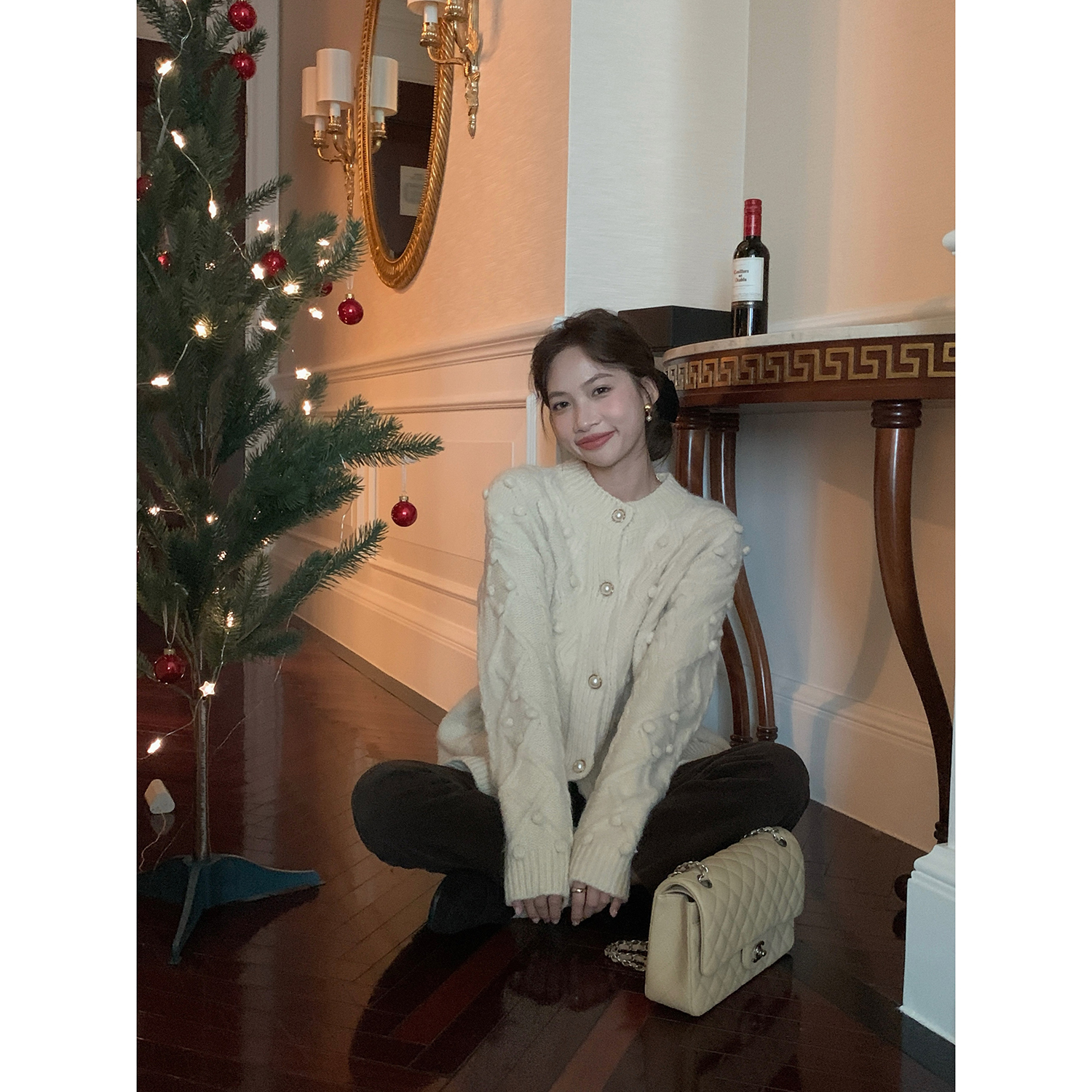 范雯雯 31/ww 温柔球球 法式复古圆领纯色针织开衫毛衣女秋冬