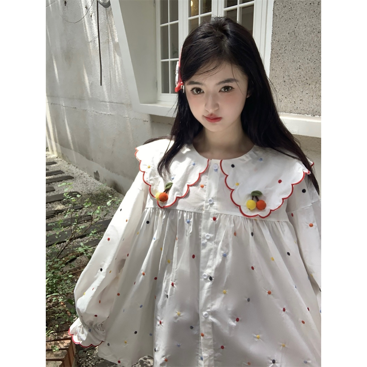 范雯雯 07/ww 缤纷彩糖 可爱樱桃喇叭袖衬衫女春季甜美娃娃领上衣