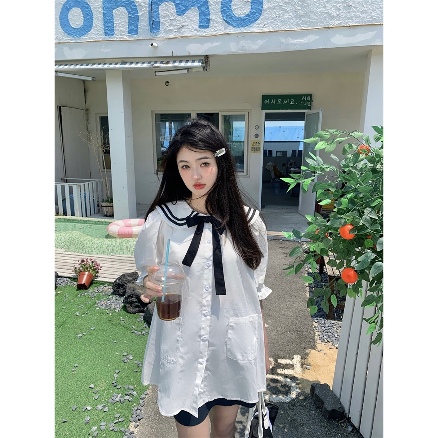 范雯雯 领航日记 黑白撞色海军领衬衫连衣裙女春季学院a字短裙子