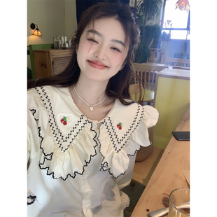范雯雯 软酪甜心 甜美可爱娃娃领衬衫女春宽松百搭喇叭长袖上衣