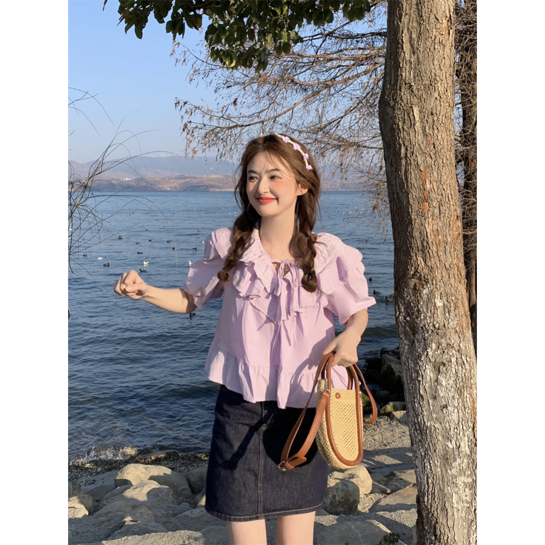范雯雯 日剧少女V领双层荷叶边衬衫女夏季泡泡袖法式温柔甜美上衣