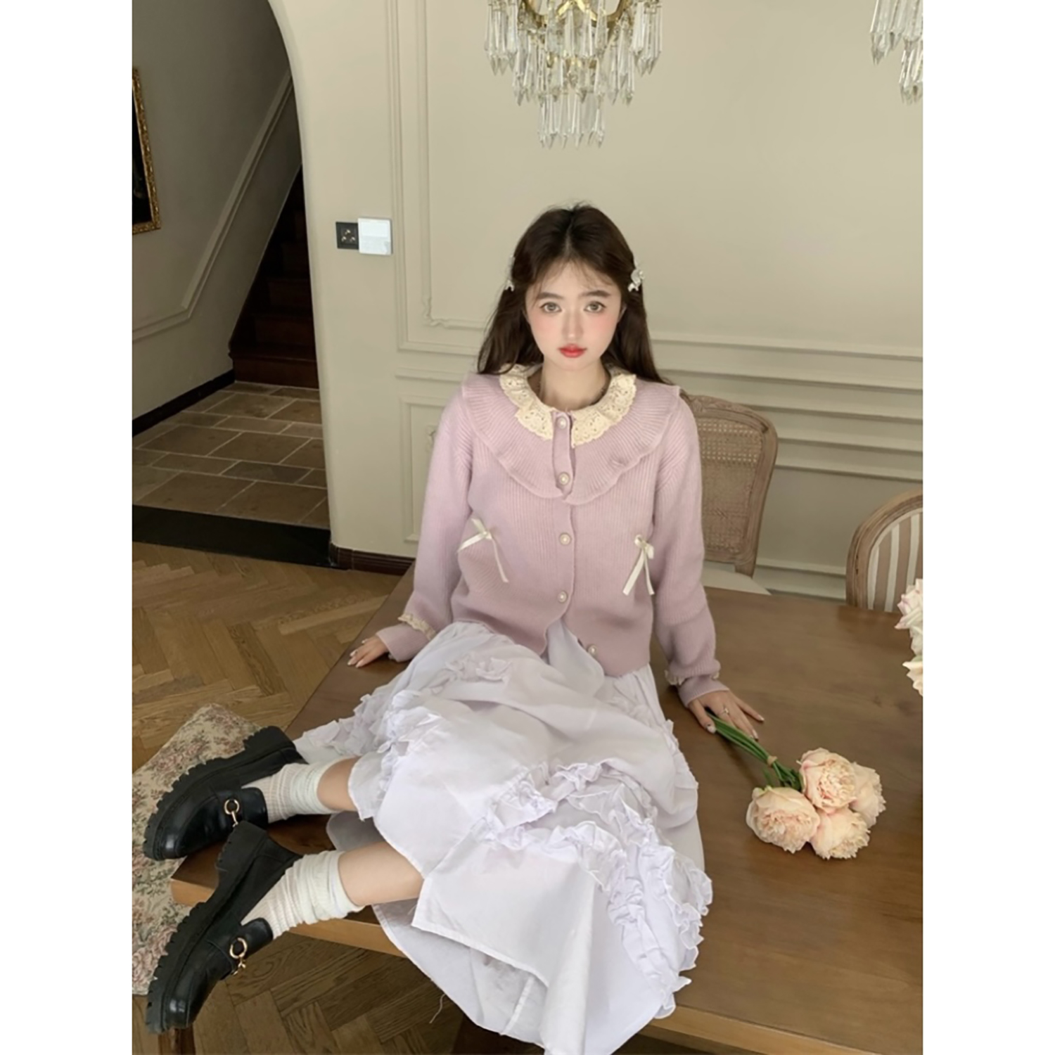 范雯雯 17/ww 芝士芋泥 宽松甜美娃娃领蝴蝶结针织开衫女冬