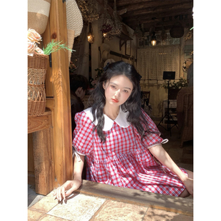 范雯雯 树莓甜心 红格娃娃领连衣裙女宽松甜美高腰少女短裙子春季