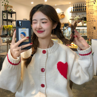 范雯雯 是少女心 撞色爱心针织开衫女冬季甜美宽松慵懒风毛衣外套