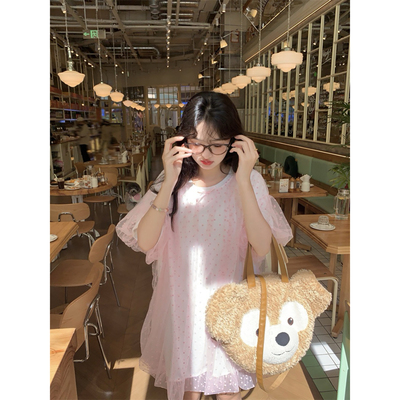 粉果樱芙粉色网纱连衣裙女春季