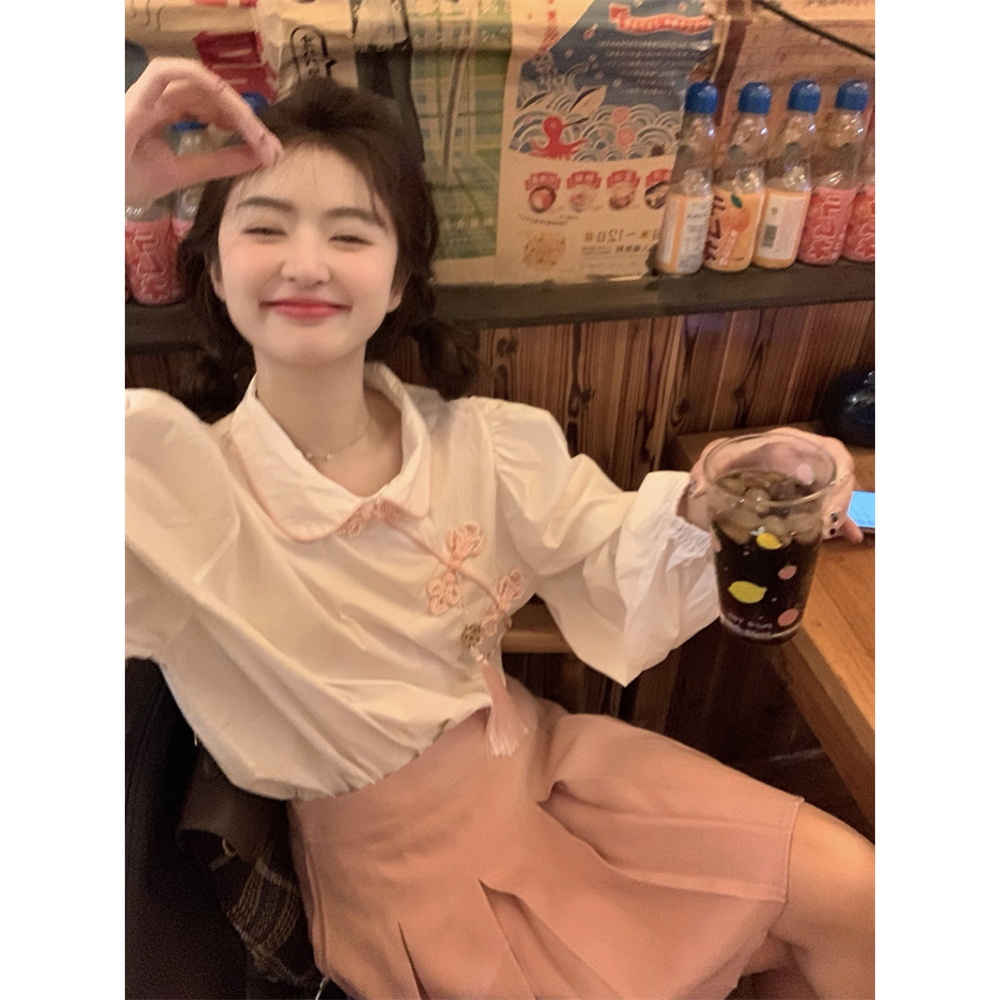 范雯雯 暮云间 新中式盘扣泡泡袖衬衫女夏季甜美国风长袖宽松上衣