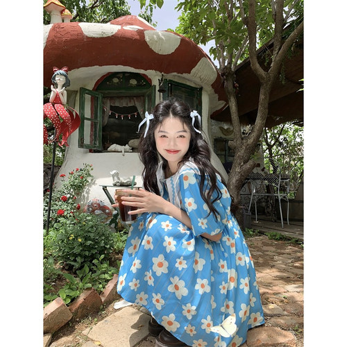范雯雯 盛夏花语 甜美花朵娃娃领高腰连衣裙女宽松显瘦A字短裙