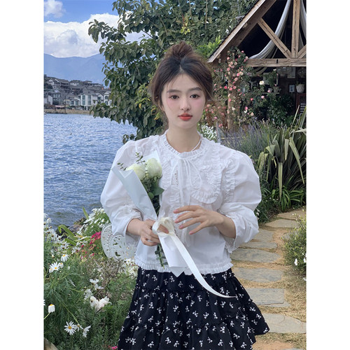 范雯雯 原味酸奶 法式系带泡泡袖白衬衫女春甜美九分泡泡袖上衣