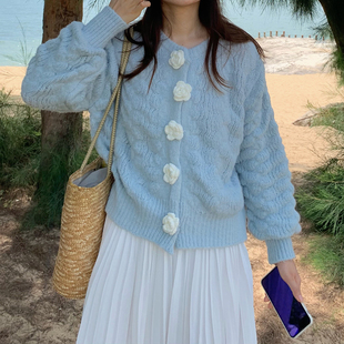 甜美蓝色毛衣外套 范雯雯 少女花愿 圆领花朵波浪纹针织开衫 女夏季
