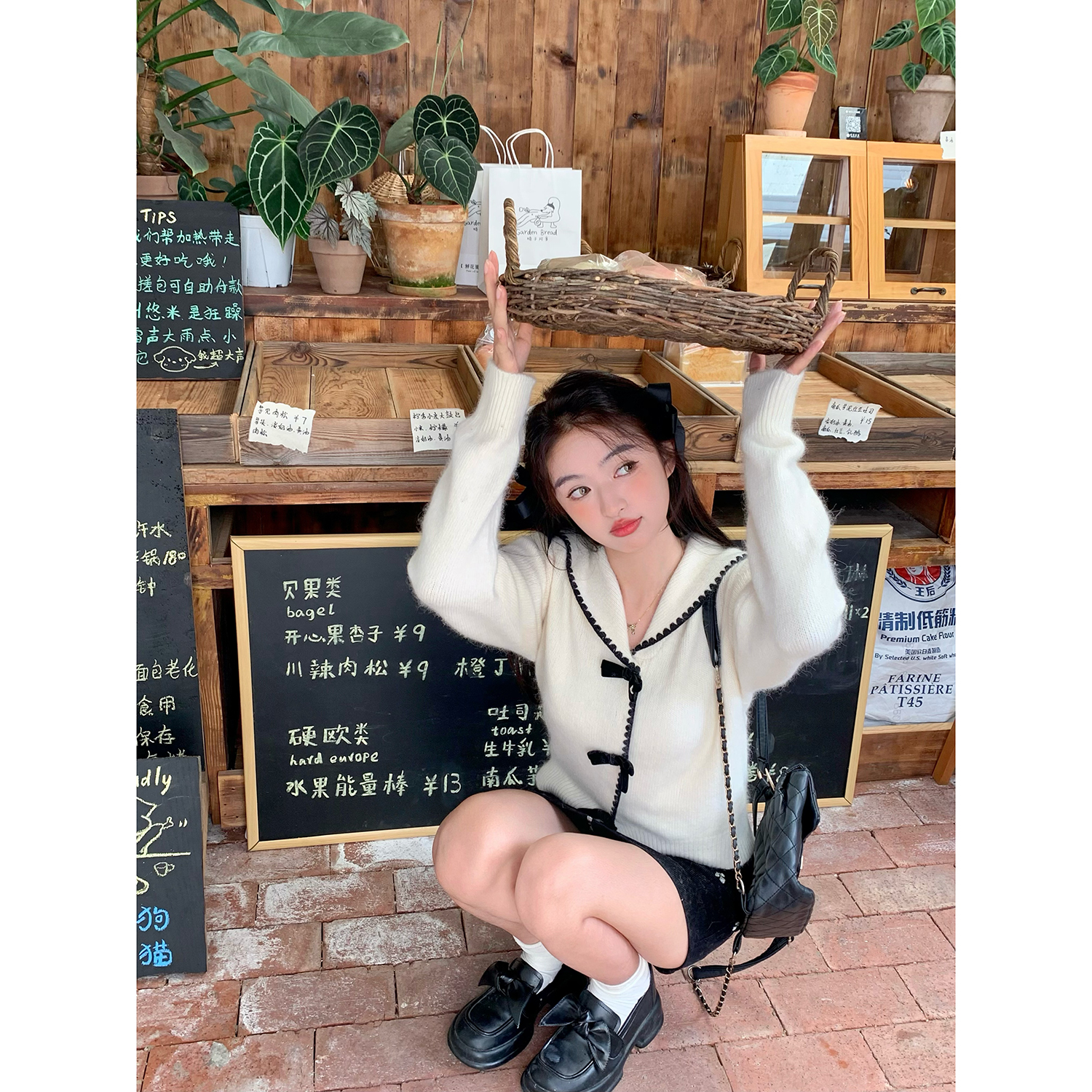 少女珍妮蝴蝶结海军领针织开衫