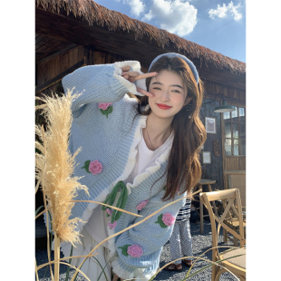 范雯雯 海边蔷薇 荷叶边系带针织开衫女冬甜美慵懒风毛衣外套