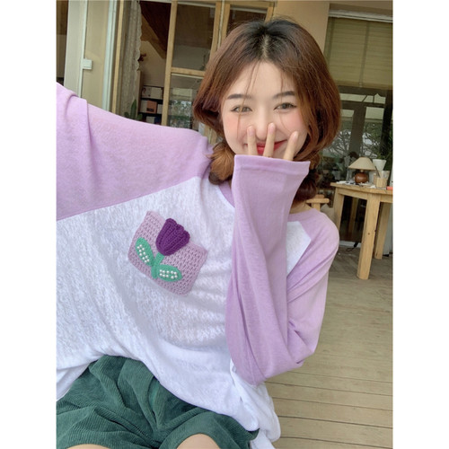 范雯雯遇见郁金香拼色钩花插肩袖T恤女夏季韩版防晒甜美长袖上衣