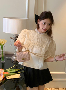 范雯雯 奶味起司 法式蕾丝立领短袖衬衫女夏季甜美宫廷风宽松上衣