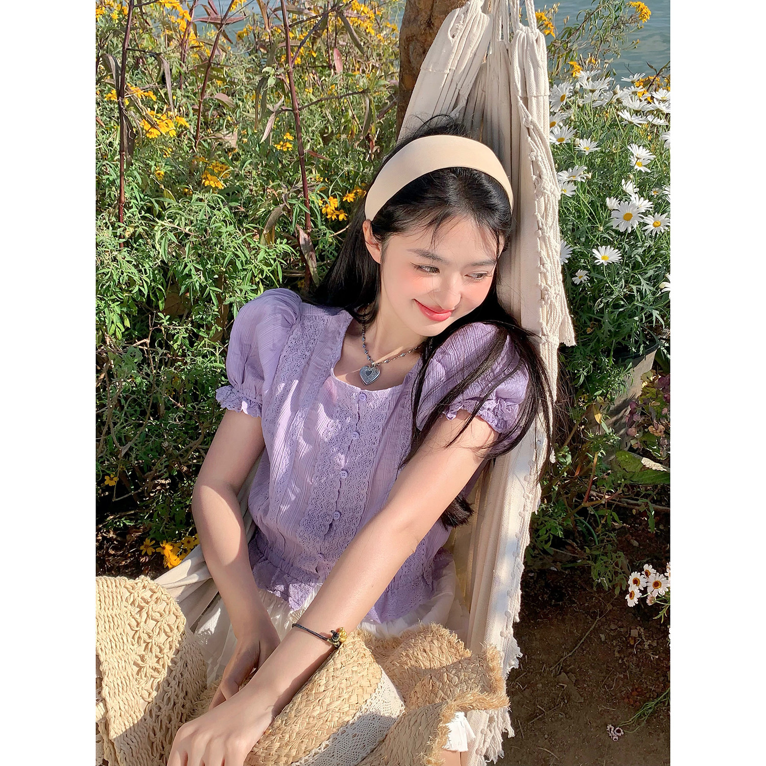 范雯雯 芋泥甜饼 紫色泡泡袖短款花边衬衫女夏季甜美修身收腰上衣图片