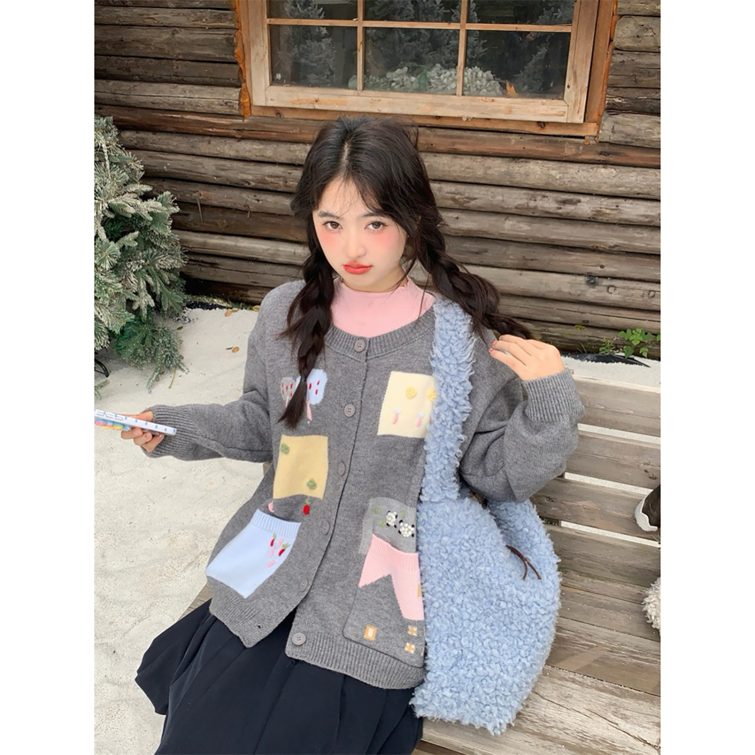 奶油童话提花圆领少女风针织开衫