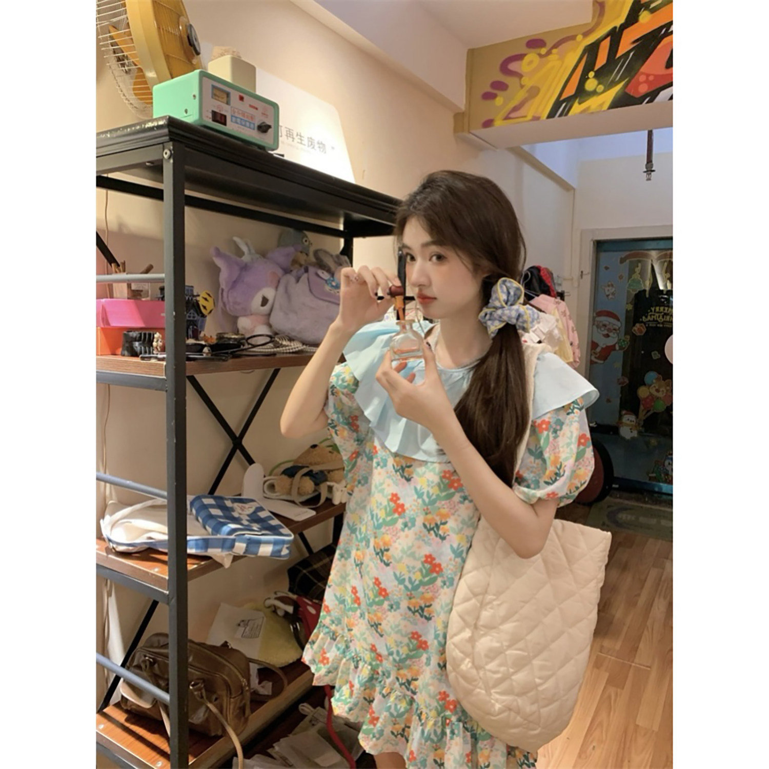 范雯雯 夏日花礼 荷叶领撞色宽松连衣裙夏季碎花甜美韩风短裙子女