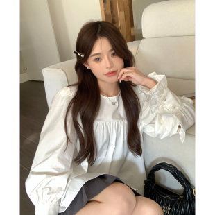法式 圆领衬衫 女夏季 上衣 甜美宽松白色短款 奶乖少女 范雯雯 喇叭袖