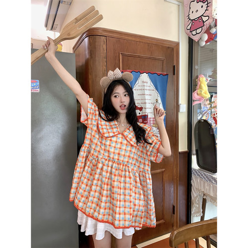 橘子蜜糖橘子格纹连衣裙女夏
