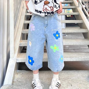 美式 女2025夏街頭vibeS風廓形松弛七分褲 復古小眾花朵刺繡牛仔褲