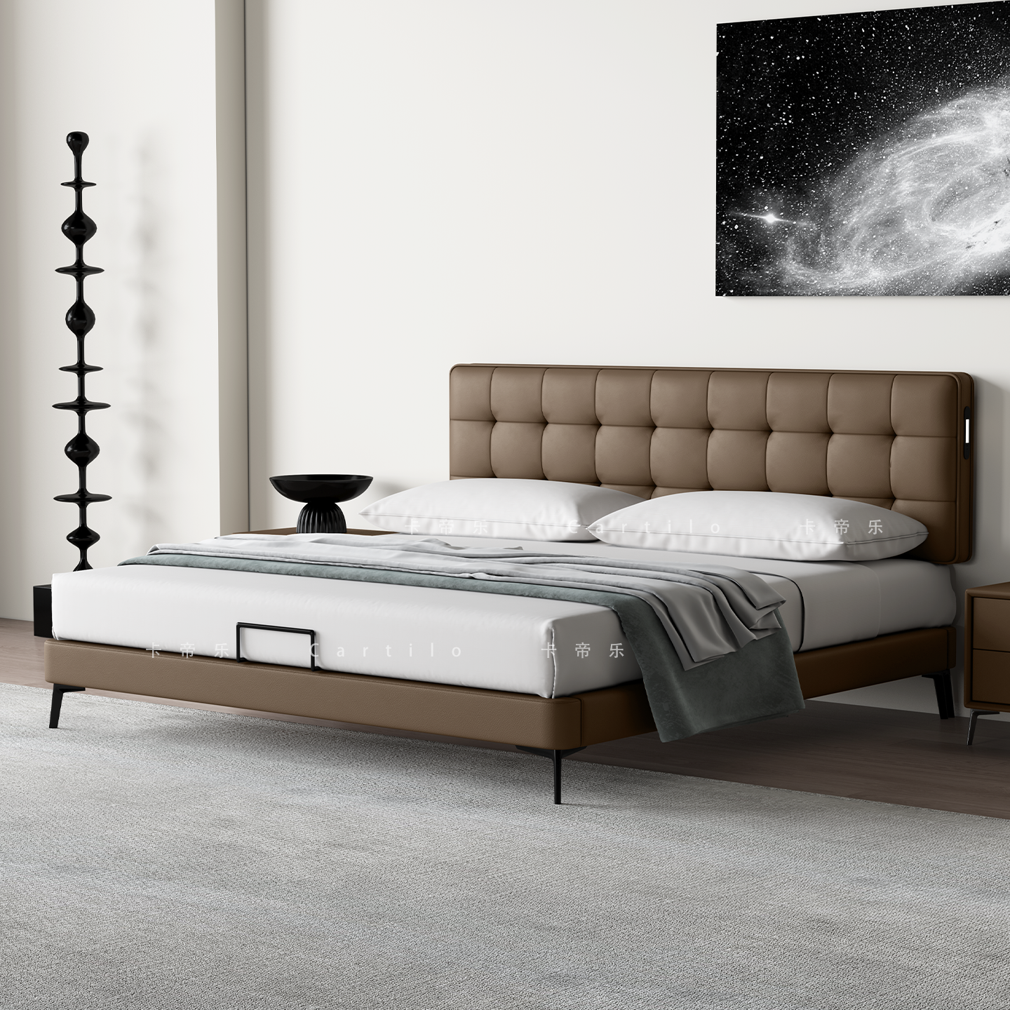 极简超薄床头现代简约真皮床1.8华夫格主卧室婚床1.5小户型储物床