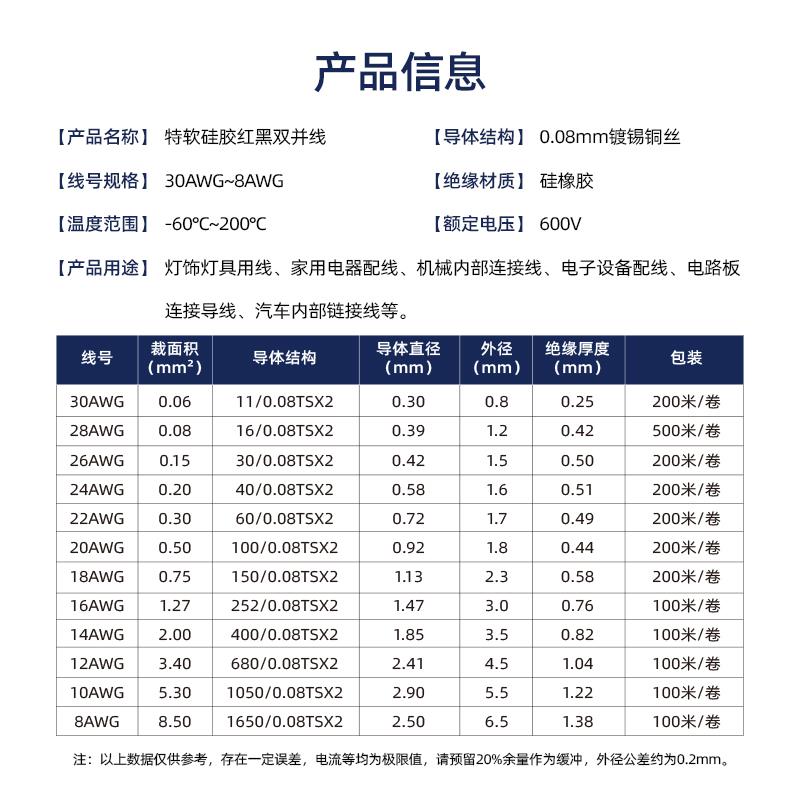 特软硅胶线双并线硅胶红黑双芯线耐高温30awg-8awg 电线连接排线