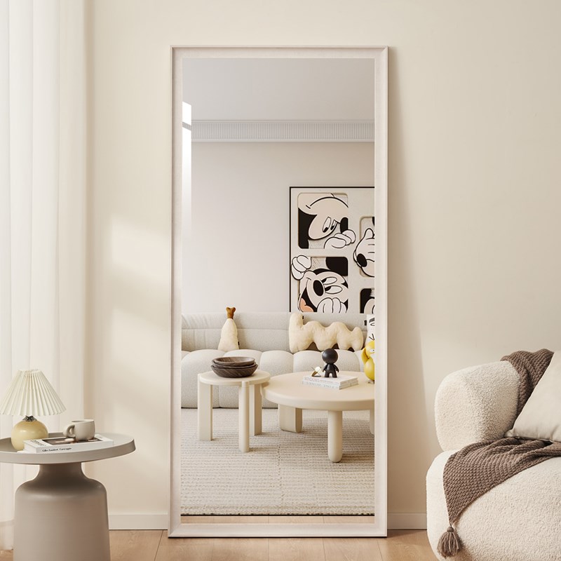 白木色全身镜子奶油风壁挂墙穿衣镜贴墙自粘落地镜仿X实木大试衣