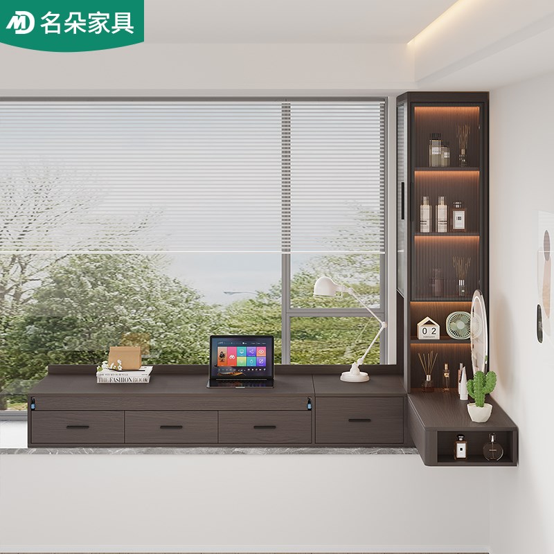 中古风伸缩转角飘窗书桌书柜一体飘窗化妆台卧室阳台抽屉收Z纳5L7