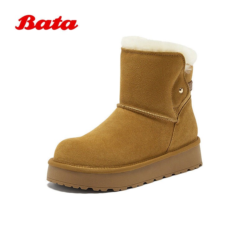 Bata雪地靴女加绒冬商场新款牛剖皮保暖厚底百搭短靴AUC50DD5