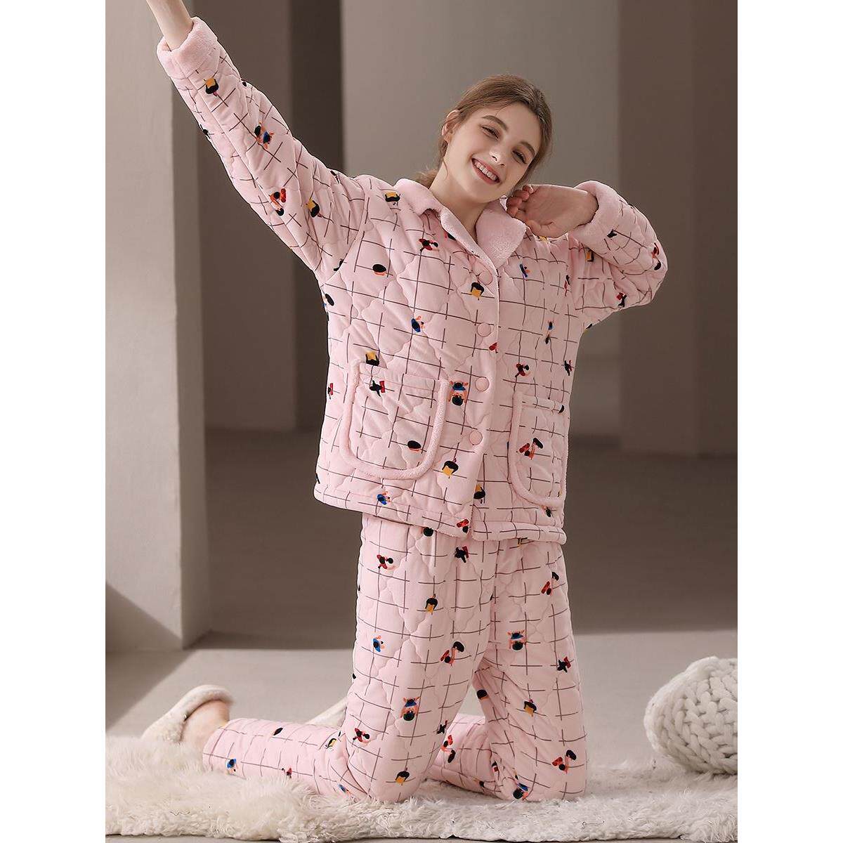 特价安之伴睡衣冬季女款加厚加绒保暖三层珊瑚绒夹棉袄简约家居服