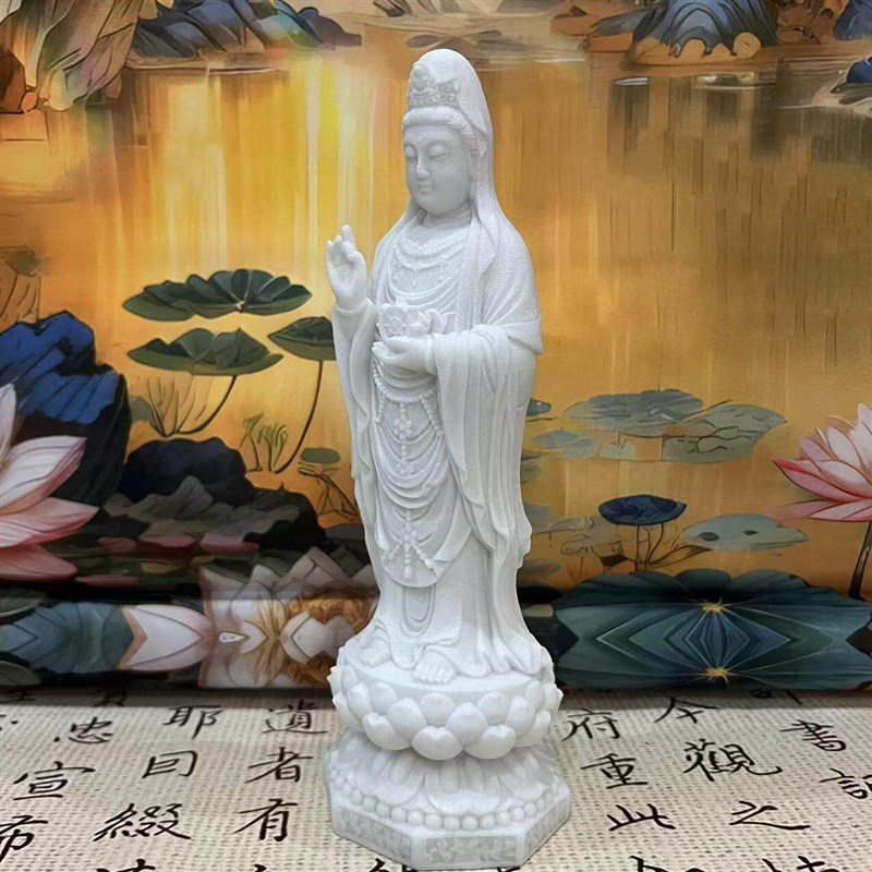 速发南海观音白云石鱼缸造景摆件新中式玄关客厅入户门装饰
