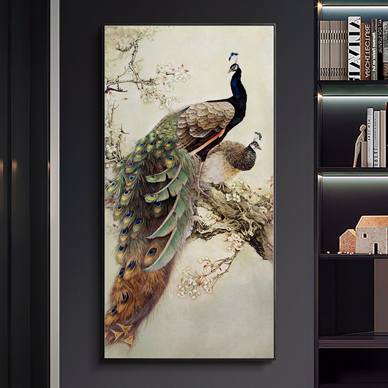 速发孔雀客厅挂画入户玄关装饰画寓意好纯手绘金银箔油画别墅高档