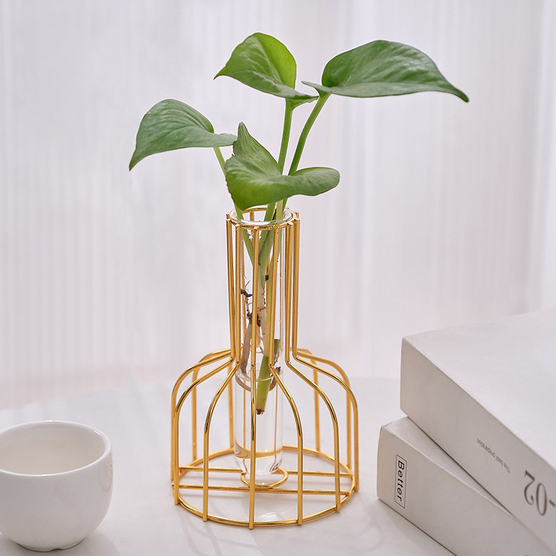 速发铁艺金属金色小花水插花摆桌办公室餐桌件面瓶培试管器皿