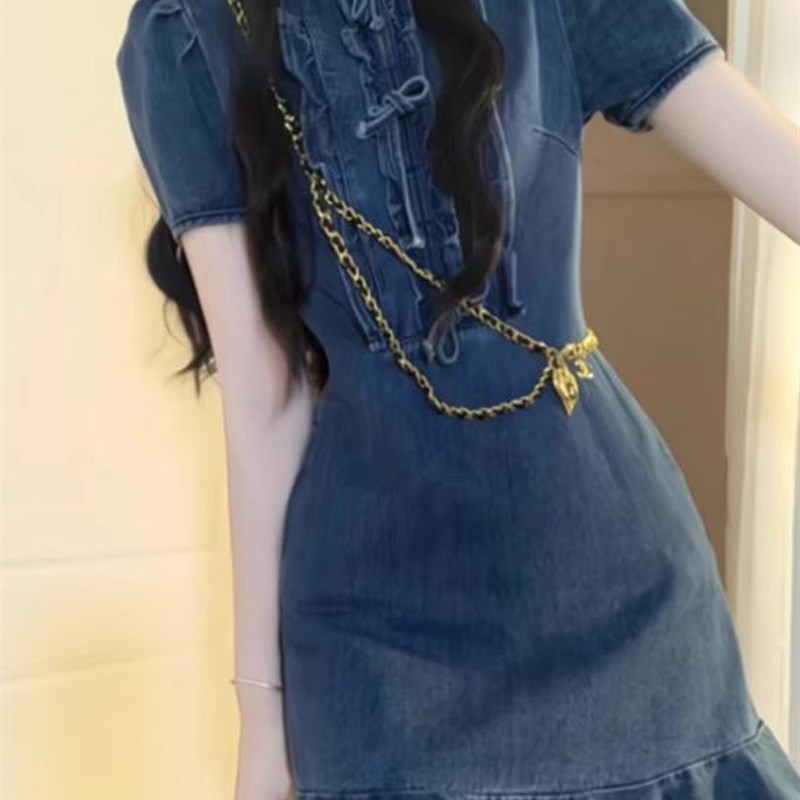 现货速发独特蝴蝶结牛仔连衣裙2025年新款小个子新中式国风短裙子