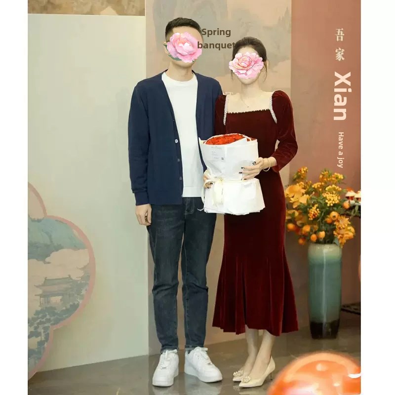 速发鱼尾敬酒服新娘长袖酒红色订可礼服裙小个时高级感结婚平子婚