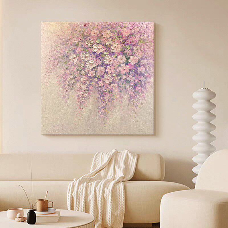 速发奶油风花卉手绘油画客厅厚涂粉色花簇玄关装饰画餐厅现代简约