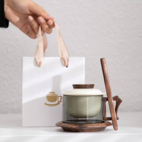 轻奢玻璃咖啡杯高档胡桃木杯碟组合滤茶杯茶水分离办公室泡茶杯子