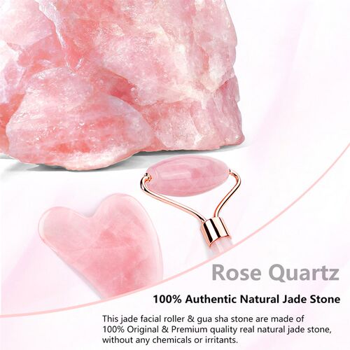 好货Natural Rose Quartz Jade Roller Gua Sha Set Facial Body