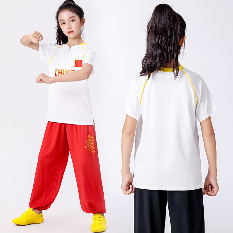 好货儿童武术服中国功夫夏季红色短袖套装团体表演训练青少年练功