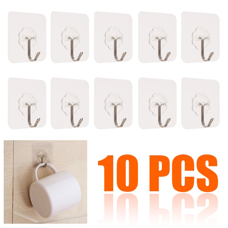 10pcs PVC Clear Seamless Self Adhesive Wall Hooks Maximum Lo