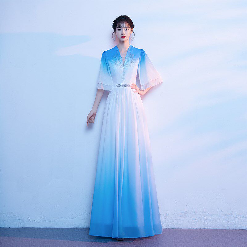 新中式合唱演出服女新款学生表演服装古筝演奏中国风礼服渐变长裙