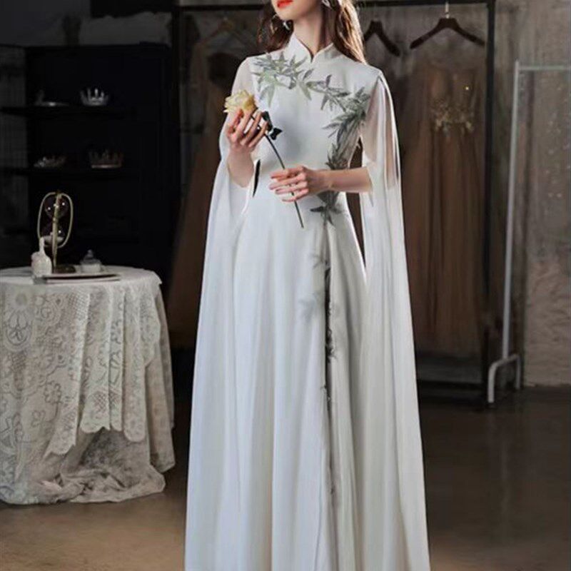 新中式晚礼服裙古筝演奏舞台演出服大合唱国风宴会主持人白色旗袍