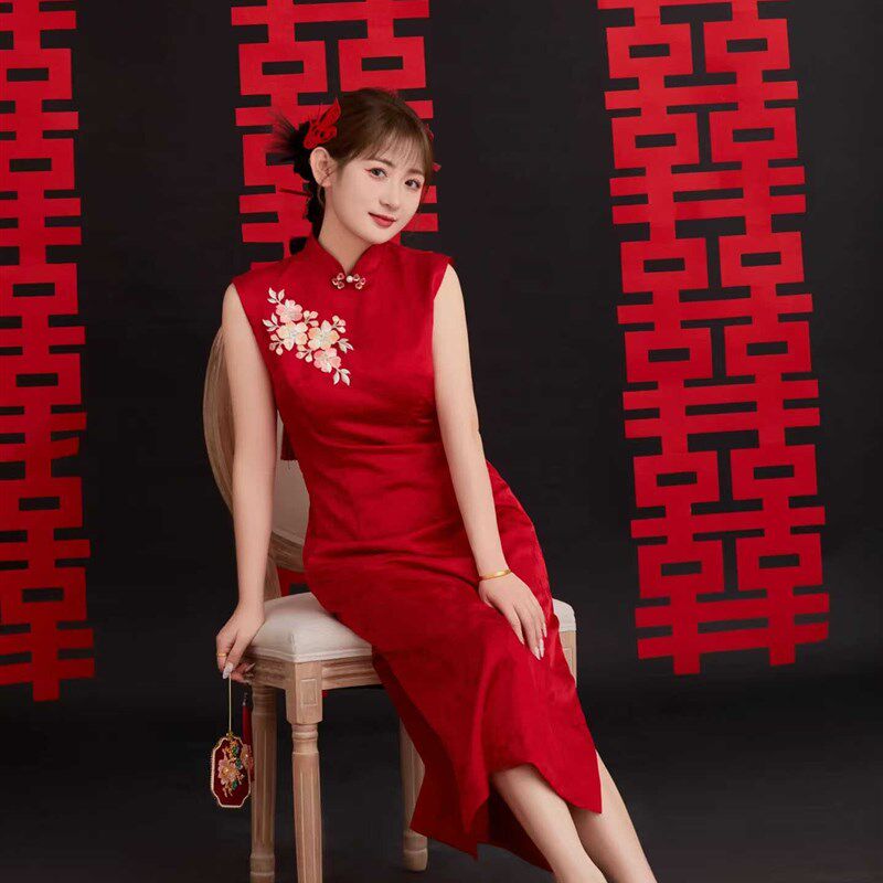 红色礼服新中式复古改良无袖旗袍晨袍小个子订婚领证连衣裙敬酒服