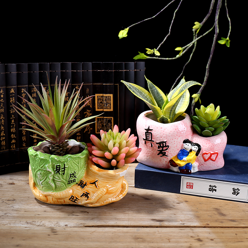 多肉陶瓷花盆创意简约连体双桶花盆个性异形双口花盆家居陶盆包邮