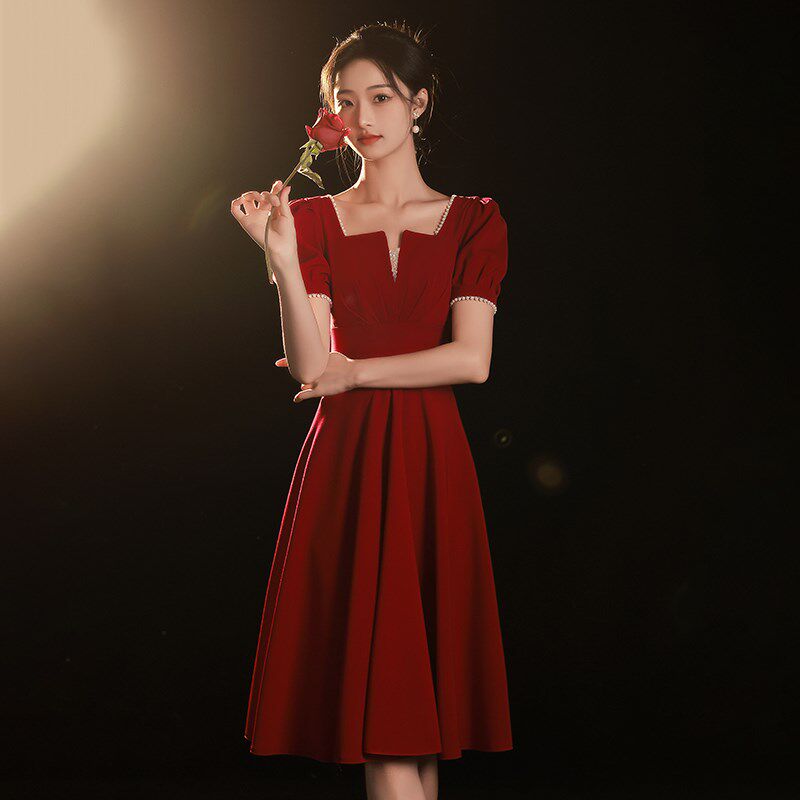 敬酒服新娘夏季小个子结婚便装回门服法式红色订婚小礼服日常可穿