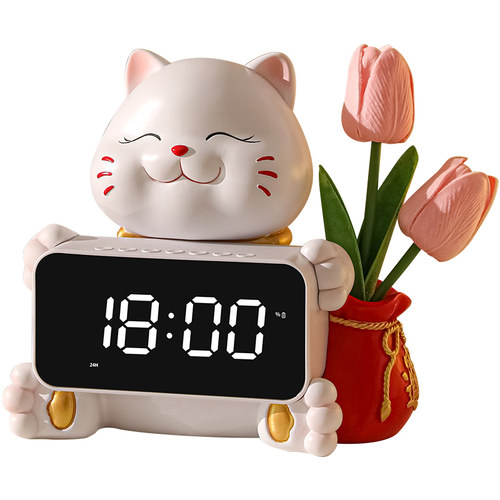 新品招财猫时钟摆件钟表s摆台式创意客厅桌面智能蓝牙电子表摆放