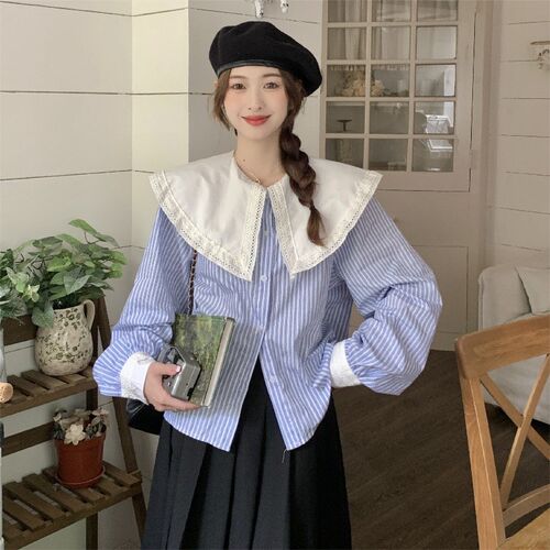 新品大码胖mm2024秋季女衬衫法式气H质条纹百搭娃娃领长袖遮肉显