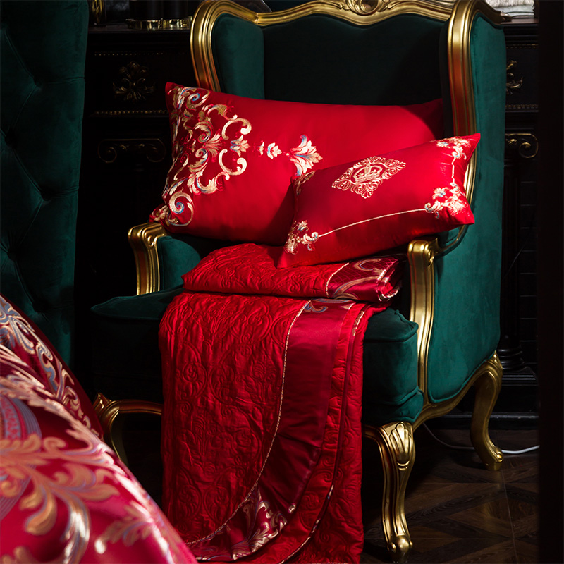 极速床上用品四件套欧式婚庆贡缎提花大红色喜庆被套Z结婚多件套