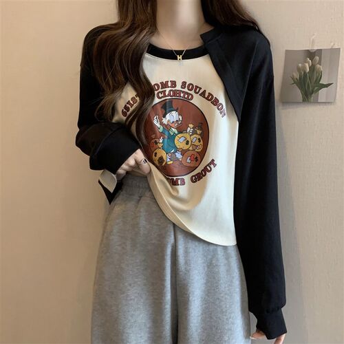 新品大码胖MM2024春季美v式复古印花T恤上衣修身显瘦时尚百搭打底